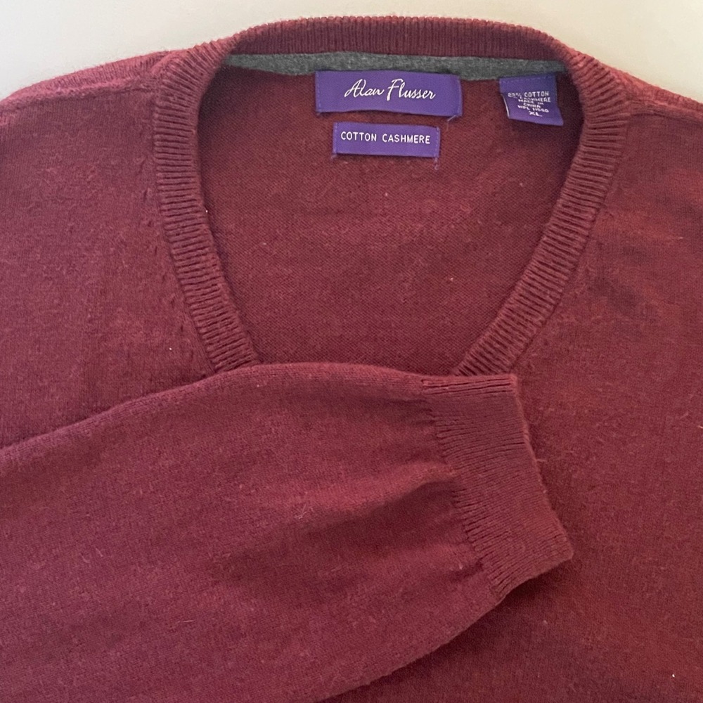 Alan Flusser Mens Burgundy Cotton Cashmere V-Neck Soft Sweater Size XL